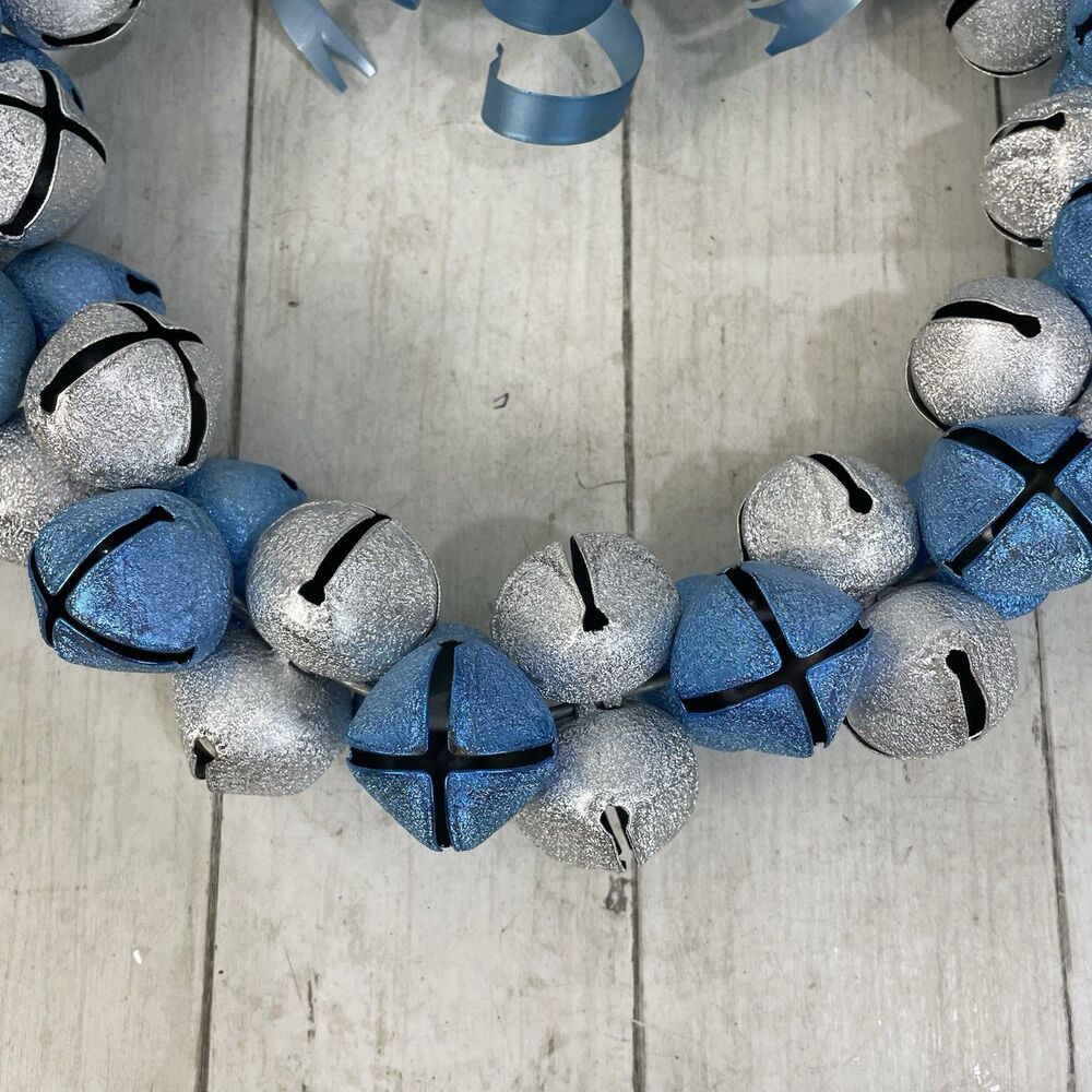 Vintage Silver & Blue Door Glitter Wreath Sleigh Jingle Bells 12 Inch - Picture 4 of 7